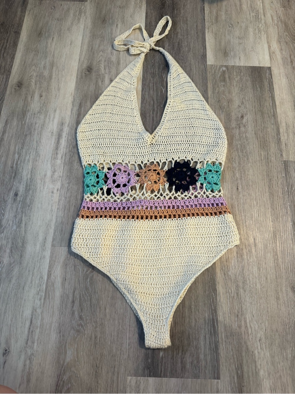 Thinkable cream crochet halter bodysuit